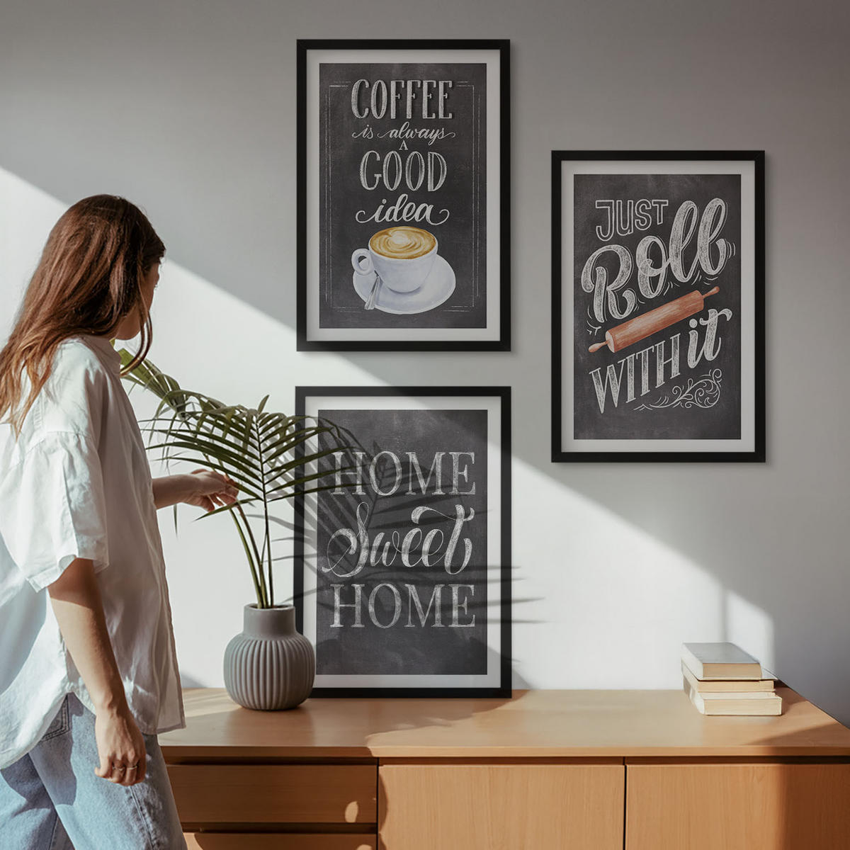 BILDER SET 3er Set - 40x60 cm Schwarzer Rahmen - Kaffeeroller, heimelige Wärme - Schwarz, Kunststoff (40/60cm) - TULUP
