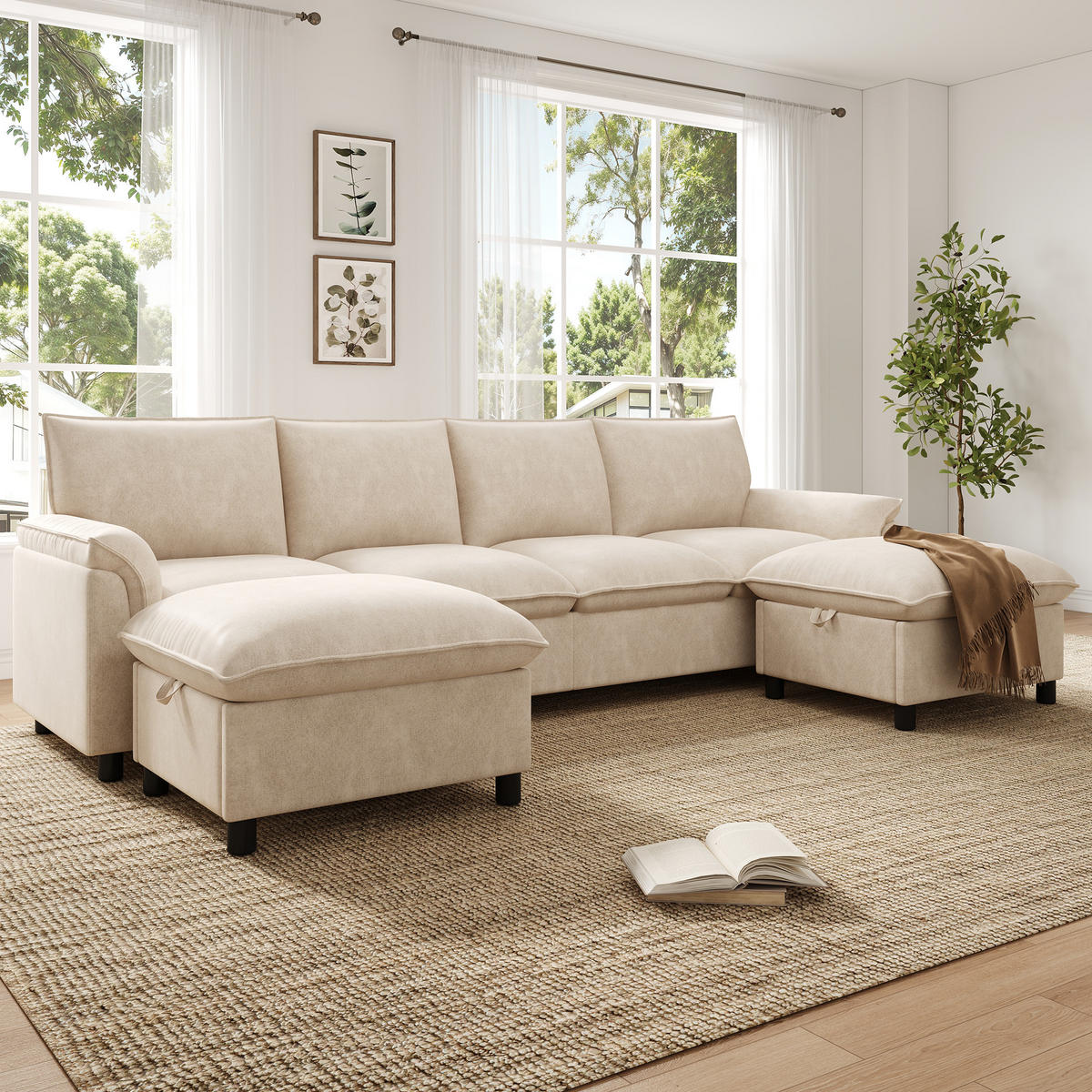 WOHNLANDSCHAFT 264.5/142.5/84 cm Beige mit 2 Aufbewahrungs-Ottomane - Beige, Textil (142.5/84/264.5cm) - Oxeza