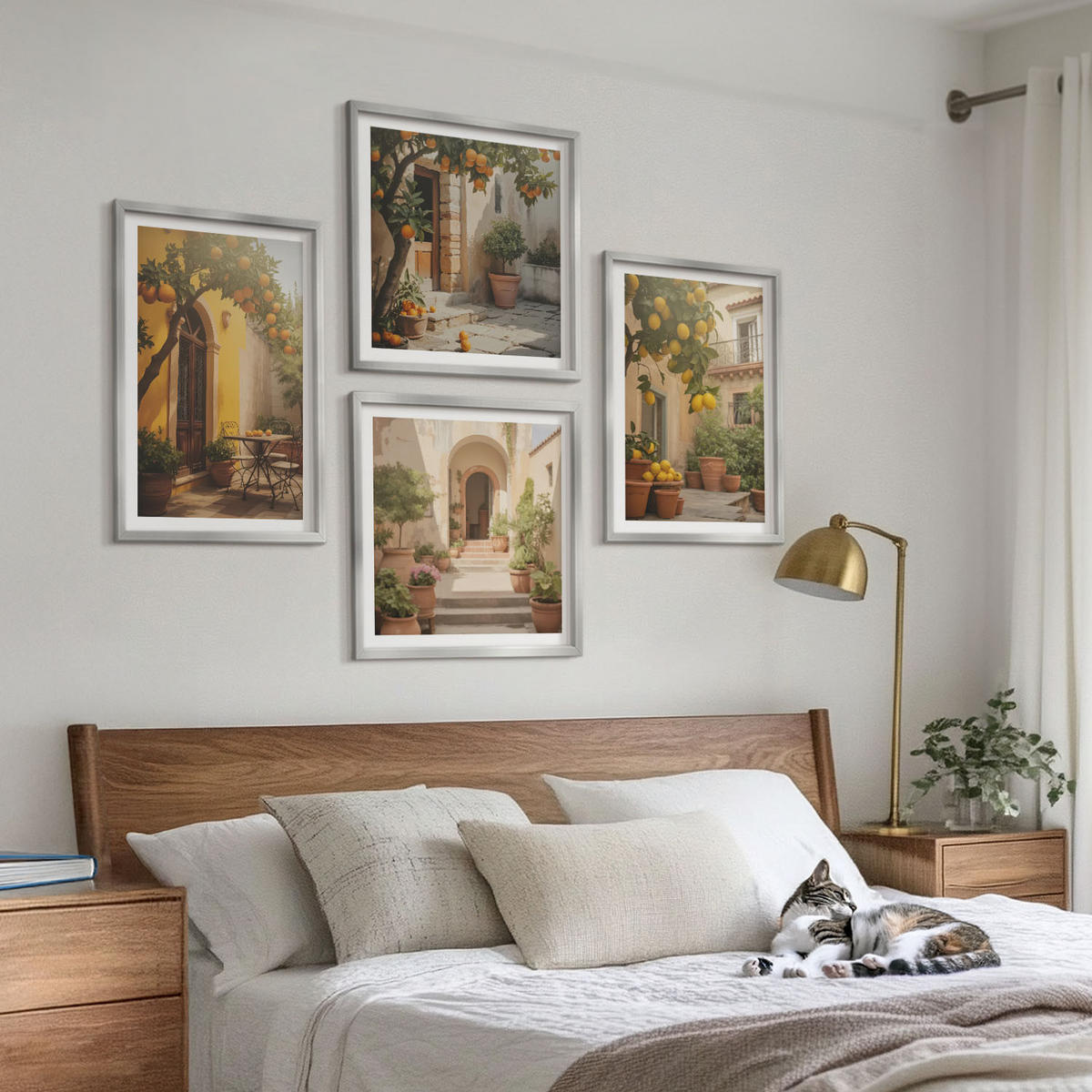 WANDBILDER 4er Set - 50x50 cm & 40x60 cm Silberner Rahmen - Terrasse mit Zitrusbäumen - Silberfarben, Kunststoff (50/50cm) - ArtPrintCave