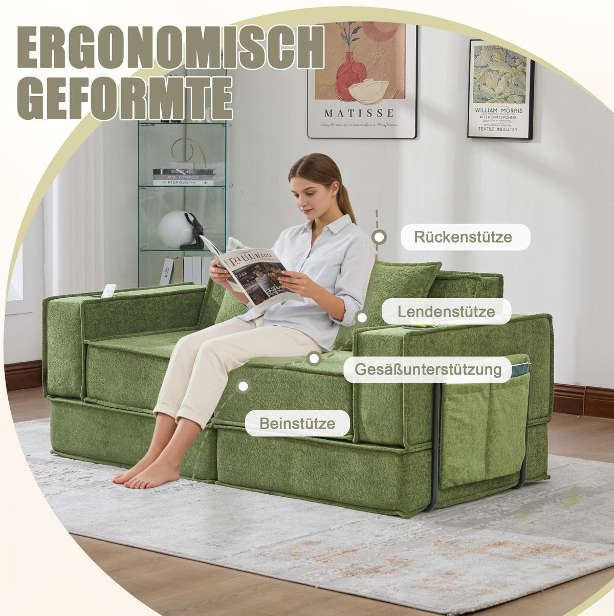 2-SITZER-SOFA aus Chenille 162x78x66 cm Grün mit 2 Kissen, Seitentaschen und modularem Design - Grün, Textil (162/66/78cm) - Modfu