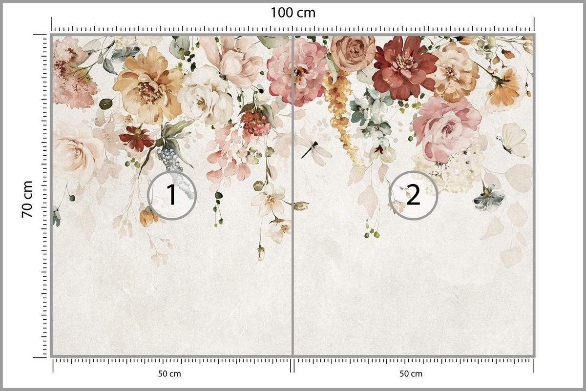 FOTOTAPETE für Esszimmer Aquarellblumen Blätter Pflanzen Pfingstrosen Rosen 100x70 - Multicolor, Papier (100/70cm) - Muralo