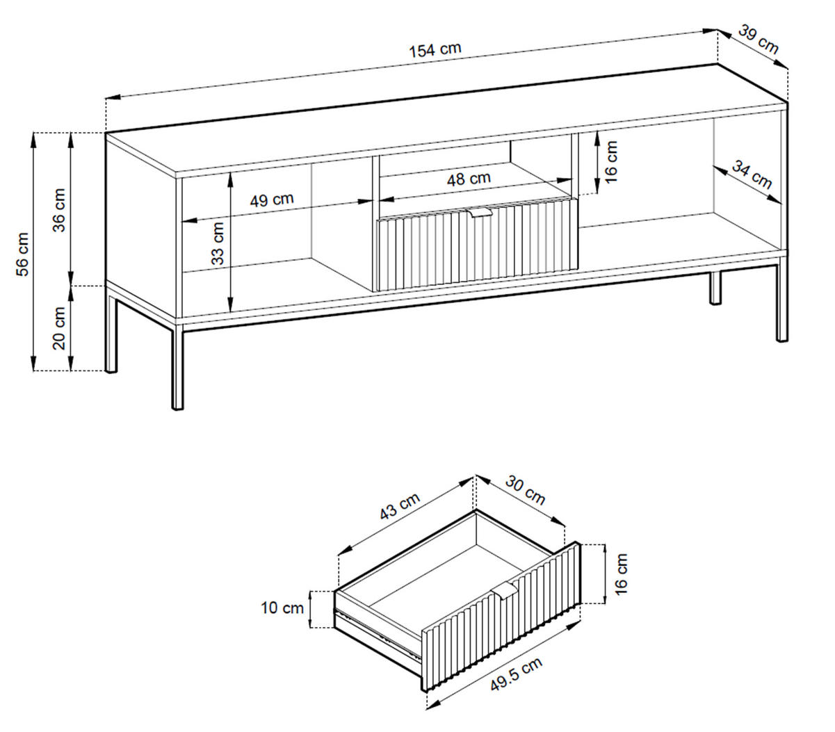 LOWBOARD Eternas 2T 1S Weiß 154/56/39 cm – schwarze Füße, mit geriffelten Fronten und offener Ablage - Schwarz/Weiß, Holzwerkstoff (154/56/39cm) - AX Living