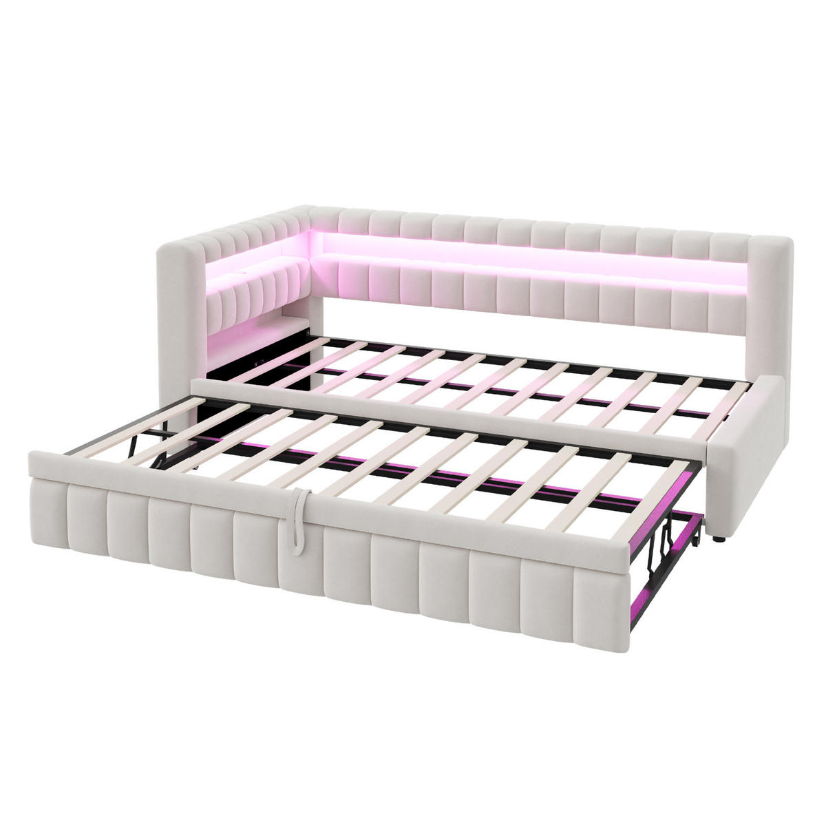 POLSTERBETT 90/200 cm aus Samt mit LED-Beleuchtung und USB-Anschluss, Beige - Beige, Textil (90/200cm) - OKMYHOME