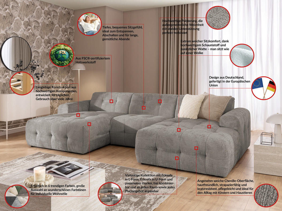 WOHNLANDSCHAFT Kozy im Bumpy-Design mit fester Rückenlehne aus weichem Taupe Chenille-Stoff - Taupe/Schwarz, Holz/Kunststoff (323/79/161cm) - S-Style Möbel