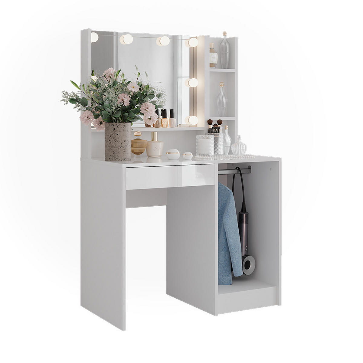 SCHMINKTISCH Sherry Weiß/Weiß Hochglanz 89.8 cm 4 Teile - Weiß Hochglanz, Holzwerkstoff (50.1cm) - Vicco