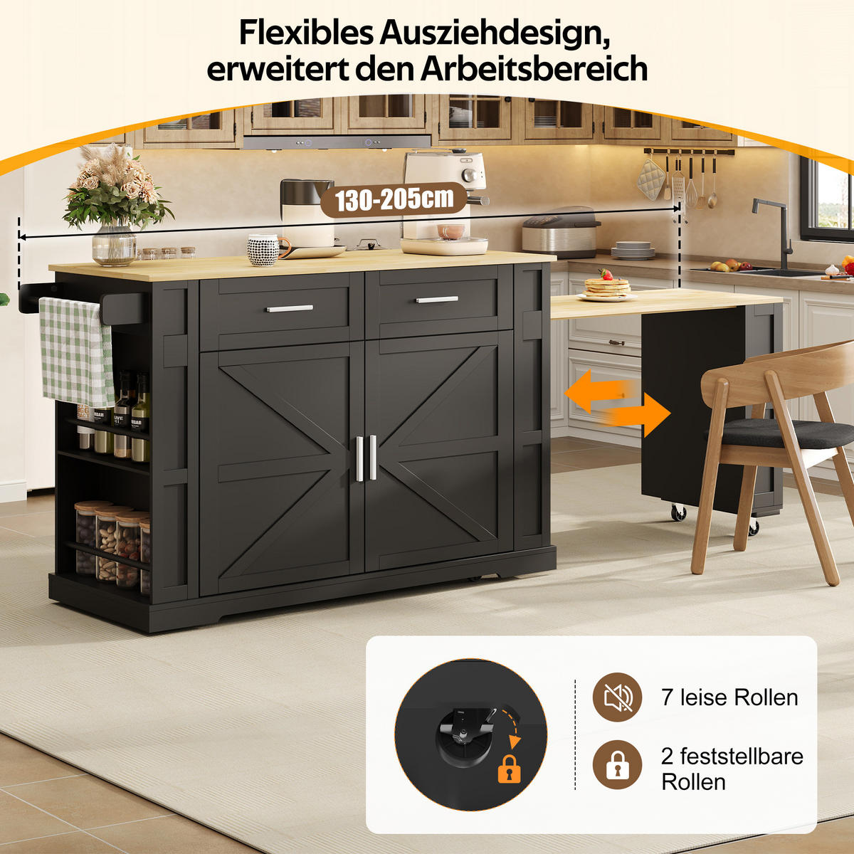 KÜCHENINSEL DE-41365 130(205)/50/93 cm, ausziehbare Arbeitsplatte Schwarz - Schwarz, Holzwerkstoff (130/93/50cm) - ComfortXL