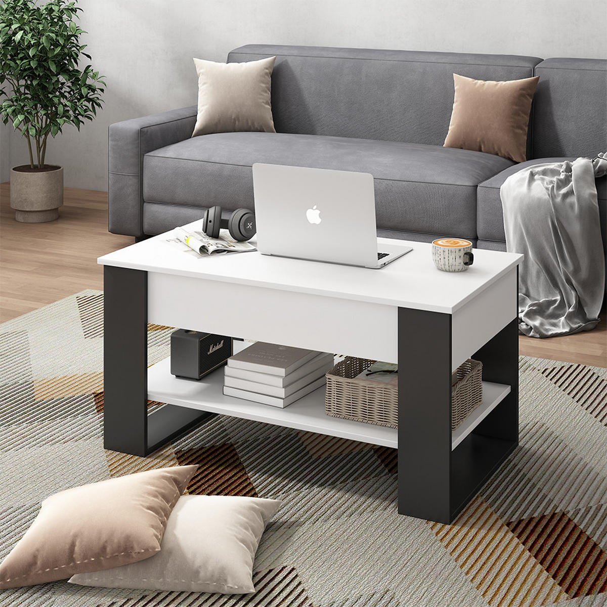 COUCHTISCH Lifto Weiß/Anthrazit 92 x 51 cm mit Liftfunktion - Anthrazit/Weiß, Holzwerkstoff (51/92/47cm) - Vicco