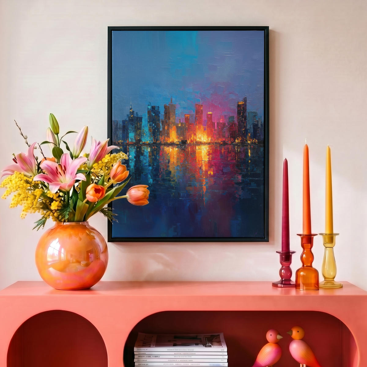 LEINWAND Bilder mit Rahmen - Skyline - Pinselstriche - Dunkelblau - Leuchtend - 30x40 - Blau, Textil (30/40cm) - MuchoWow