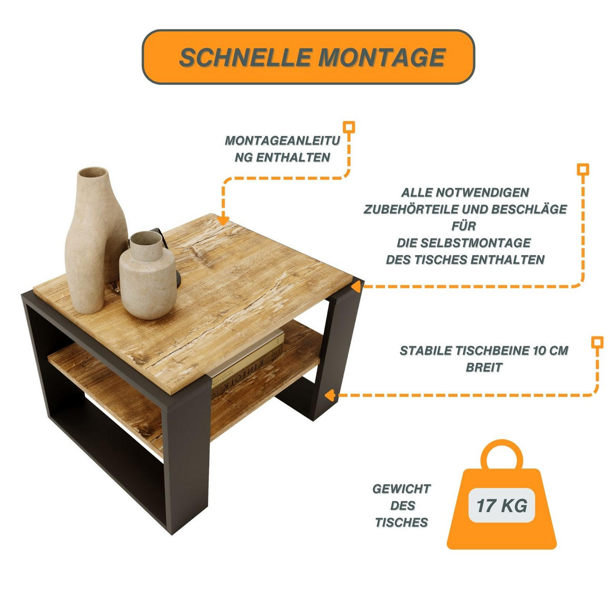 COUCHTISCH Kaja63 63/42/53,8 - Kiefer Milford/Schwarz, Holzwerkstoff (54/63/42cm) - RAUMHIRSCH FURNITURE