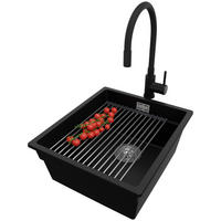 UNTERBAUSPÜLE GRANIT Praga, 2-er set Schwarz 41/47 cm 1 Becken + Küchenarmatur 40/38 cm + Ablauf-Set + Aufrollbare Abtropffläche ab 45er Unterschrank - Chromfarben/Schwarz, Kunststoff (41/20/47cm) - Primagran