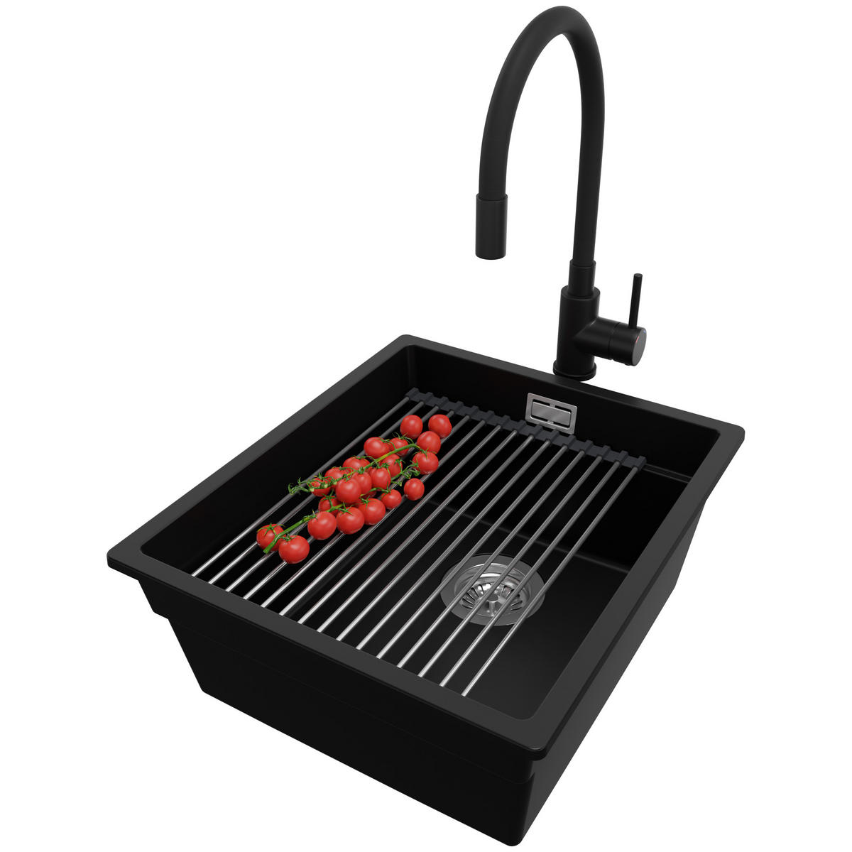 UNTERBAUSPÜLE GRANIT Praga, 2-er set Schwarz 41/47 cm 1 Becken + Küchenarmatur 40/38 cm + Ablauf-Set + Aufrollbare Abtropffläche ab 45er Unterschrank - Chromfarben/Schwarz, Kunststoff (41/20/47cm) - Primagran