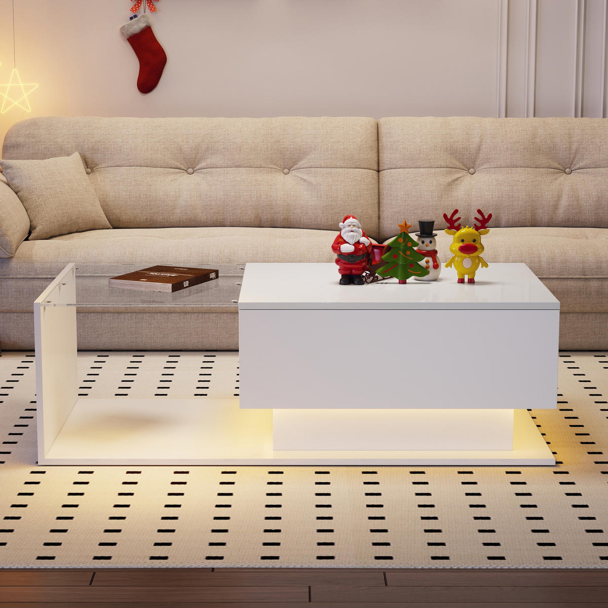COUCHTISCH mit Schublade 100x50x32 cm Weiß Glas mit LED - Weiß, Holzwerkstoff (100/50/32cm) - Meubliv