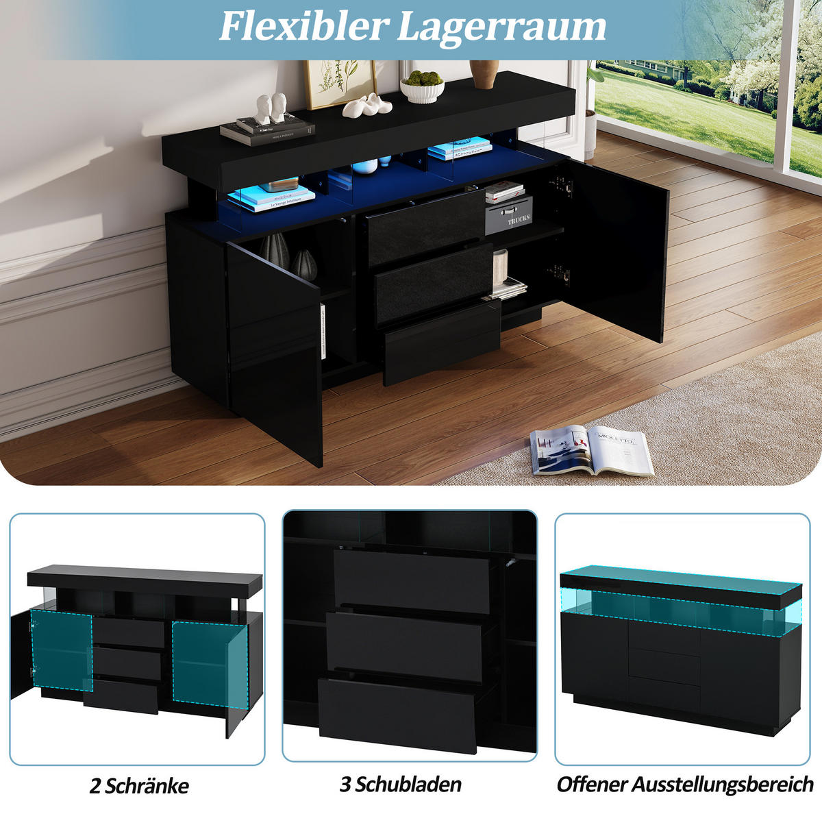 SIDEBOARD 140/35/80 cm schwarz aus Spanplatte mit LED-Beleuchtung - Schwarz, Holzwerkstoff (35/80/140cm) - OKWISH