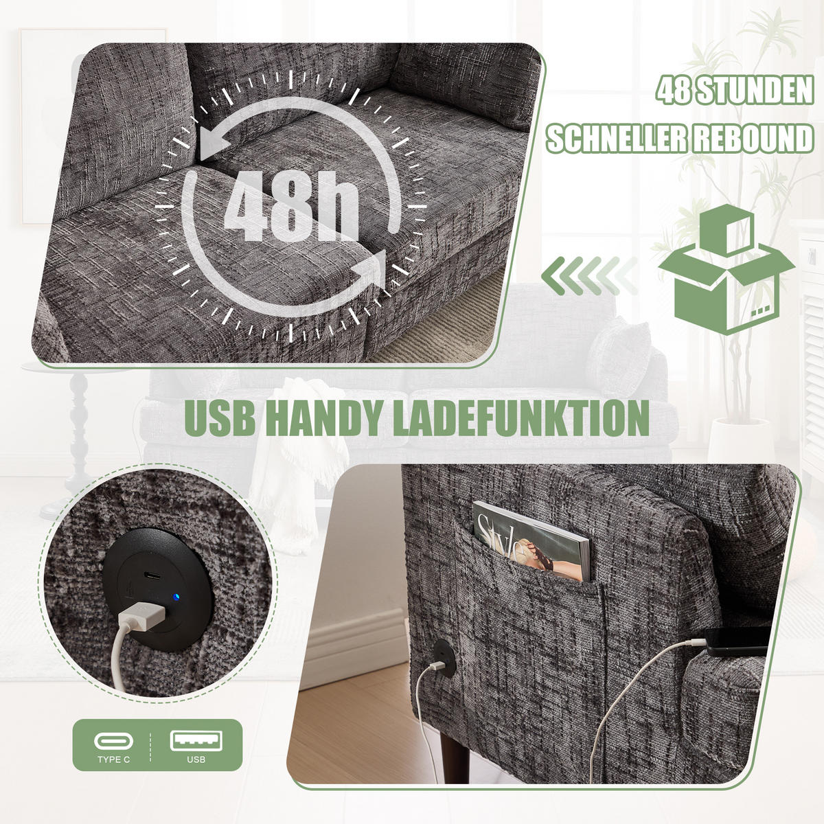 2-SITZER Sofa Chenille mit LED und USB-Anschluss 175/83/78 cm Grau - Grau, Textil (175/78/83cm) - Redom