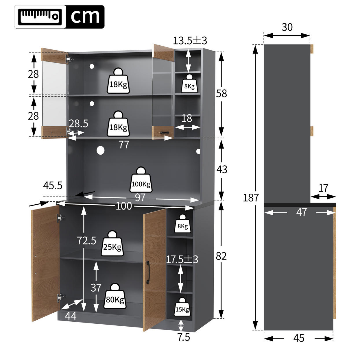 BUFFET 100/187/47 cm Grau/Natur aus MDF und Glas mit LED-Beleuchtung - Naturfarben, Holzwerkstoff (47/187/100cm) - OKMYHOME