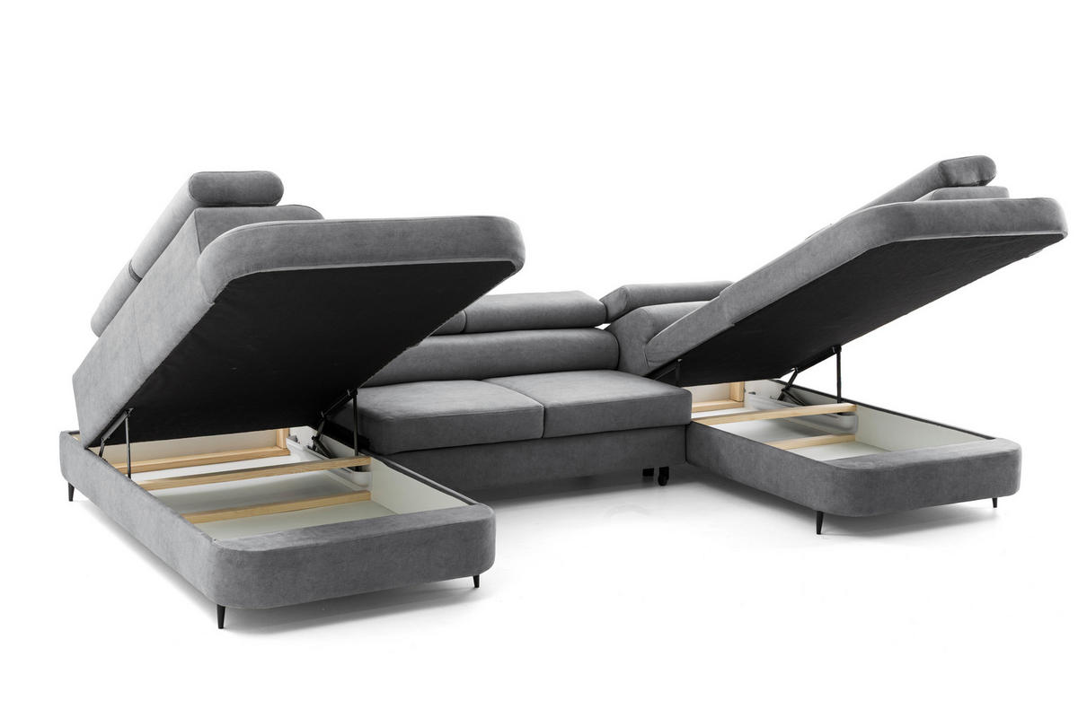 ECKSOFA U-Form PRIAM U2 mit Schlaffunktion 126x270 Velours Grau - Chromfarben/Grau, Holz/Textil (350/91/203cm) - Muffo