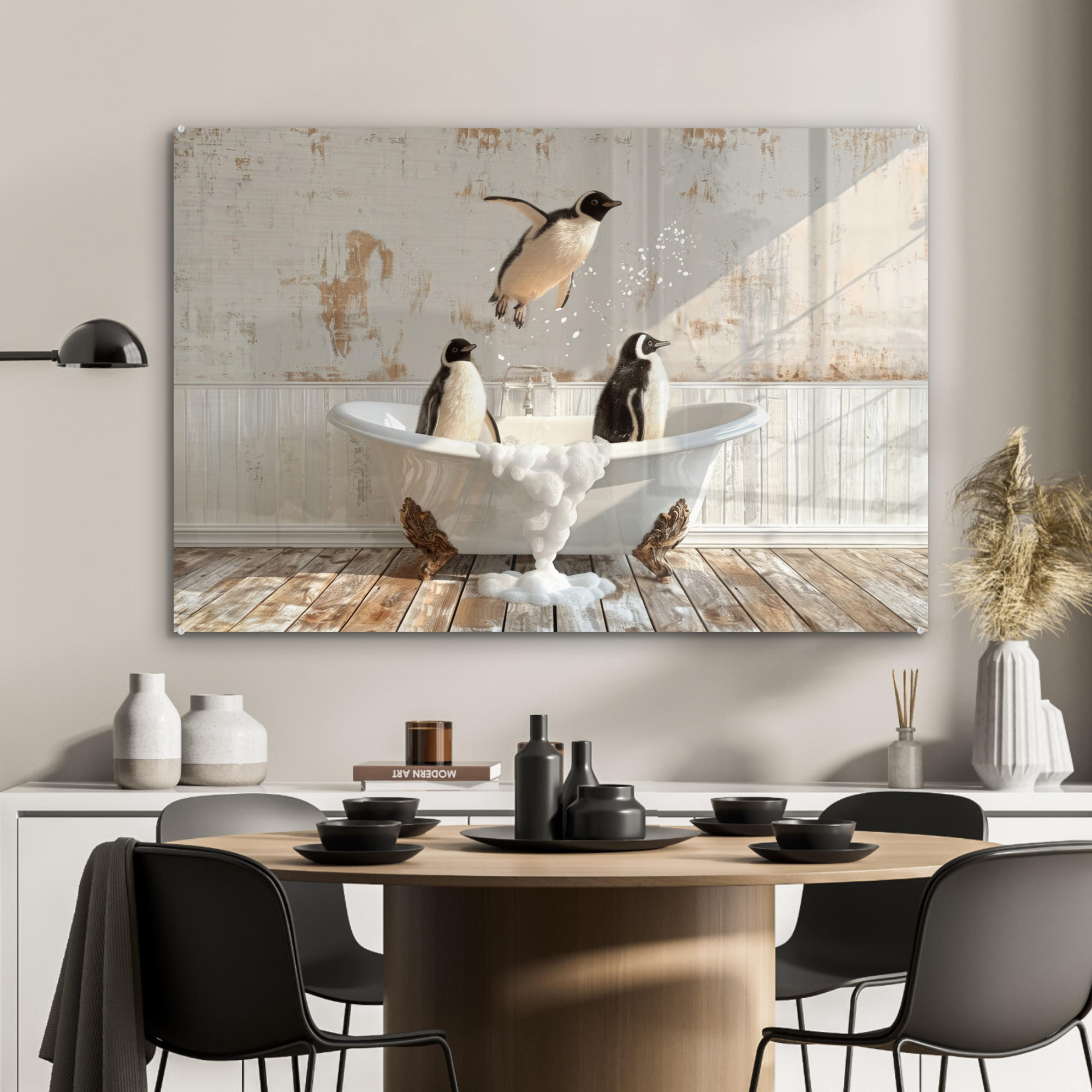 ACRYLGLASBILD Vintage - Pinguin - Badewanne - Schaumstoff 120x80 cm - Schwarz, Glas (120/80cm) - MuchoWow