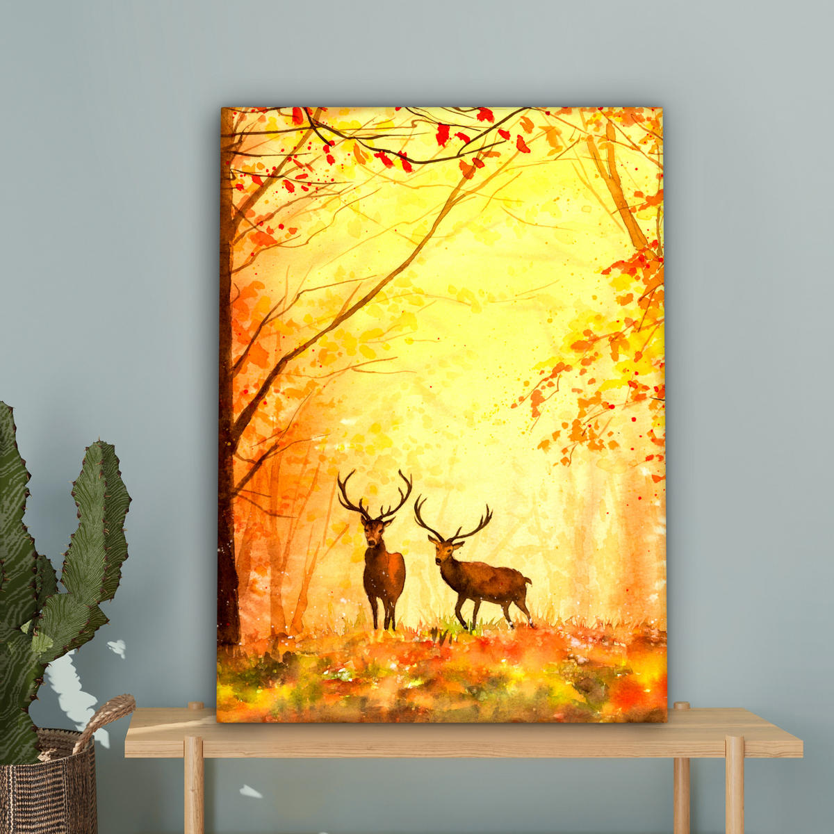 LEINWANDBILD Natur - Ölfarbe - Hirsche - Tiere - Herbst - Orange 60x80 cm - Orange, Textil (60/80cm) - MuchoWow