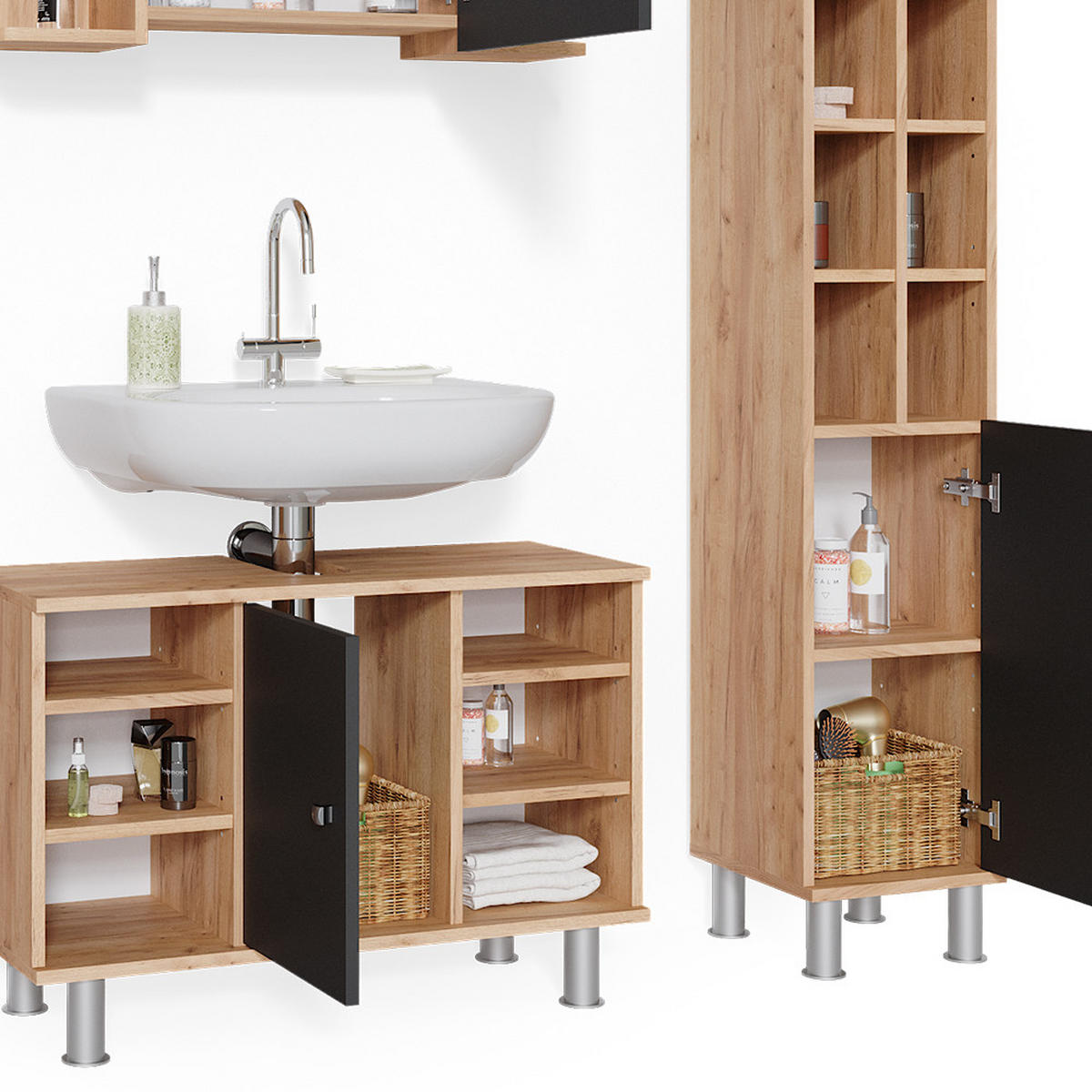 BADMÖBEL-SET Fynn Goldkraft Eiche 3 Teile, mit Midischrank Tür groß - Honigeiche/Anthrazit, Holzwerkstoff (60/54/32cm) - Vicco