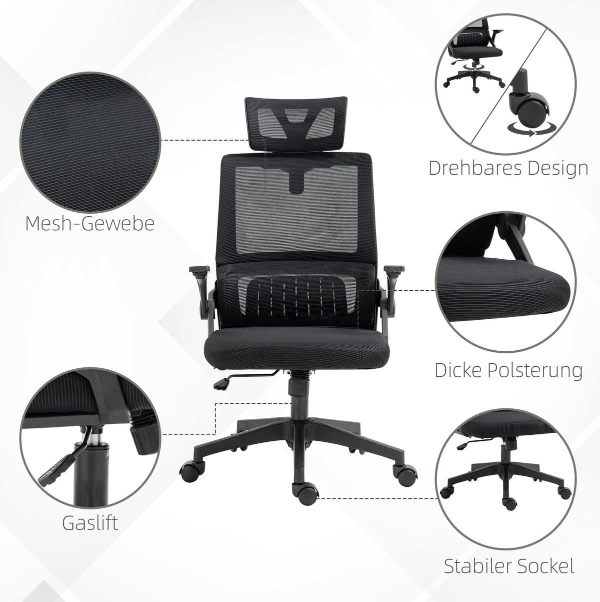 BÜROSTUHL höhenverstellbar mit Kopfstütze Schwarz - Schwarz, Kunststoff (61/119/58cm) - Meubliv