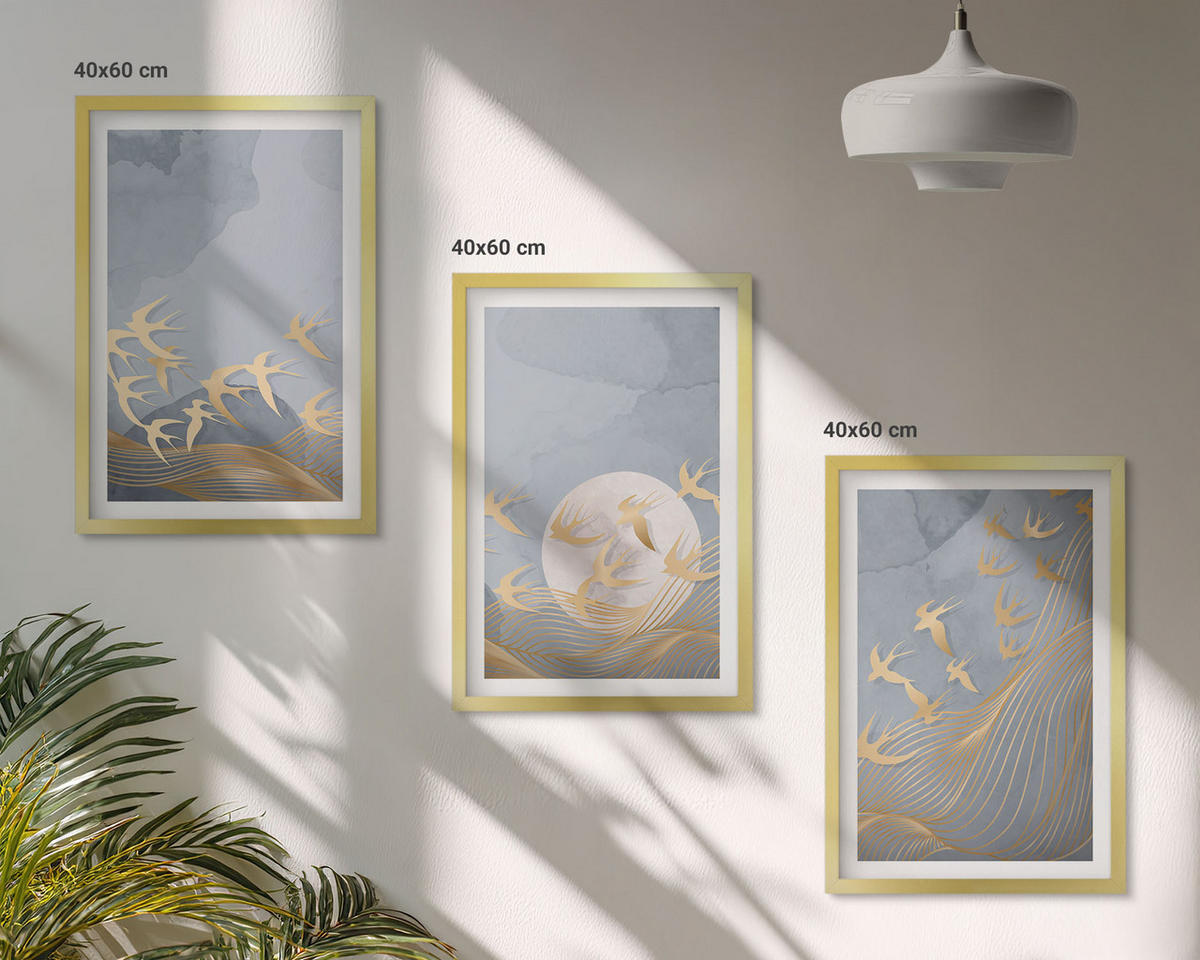 BILDER SET 3er Set - 40x60 cm Goldrahmen - Vögel, die am Himmel fliegen - Goldfarben, Kunststoff (40/60cm) - TULUP