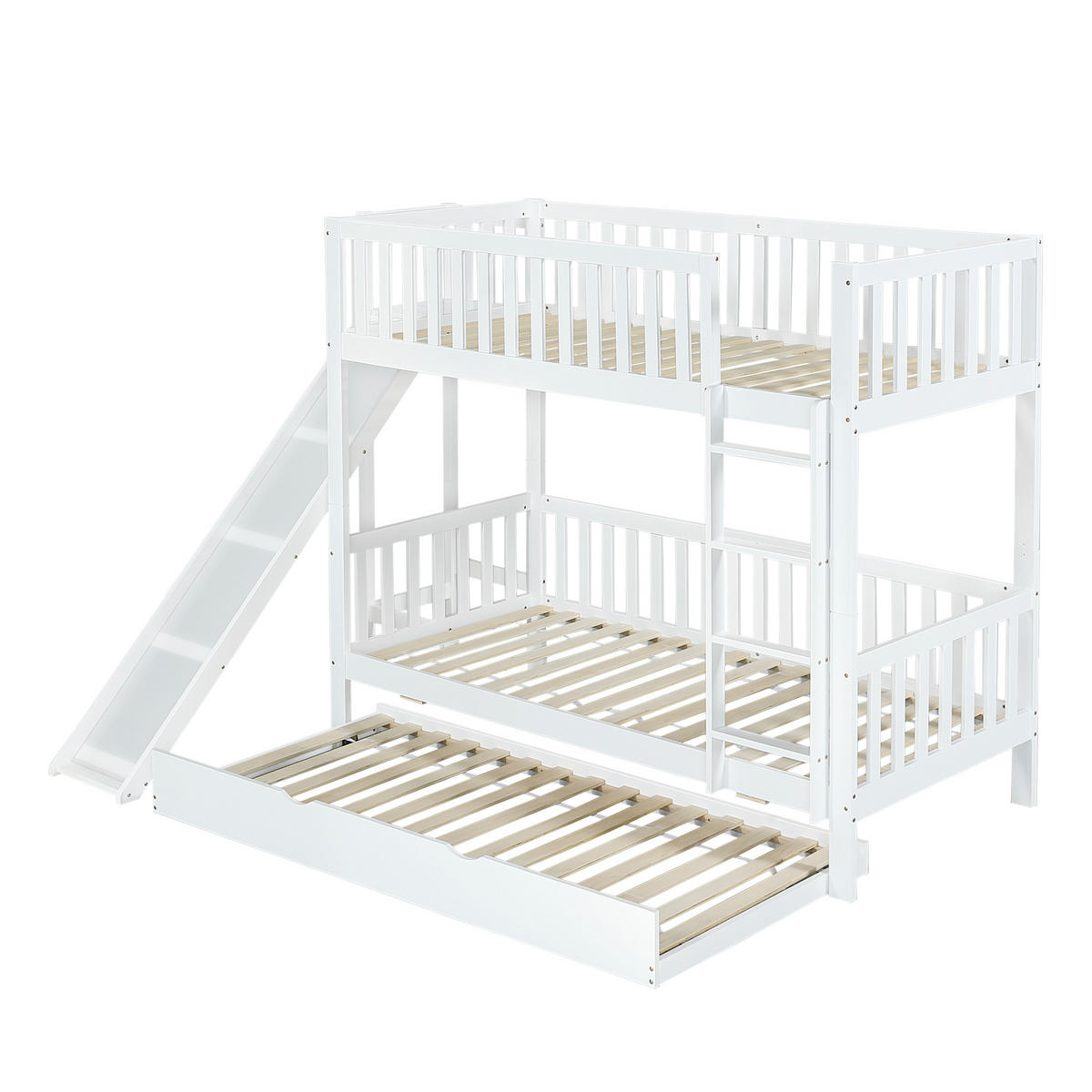 ETAGENBETT 90x200/90x190 mit ausziehbarem Rollbett aus Kiefer & MDF, mit Rutsche, 4-stufiger Leiter und Fallschutz, weiß - Weiß, Holz (90/200cm) - Luhomfu