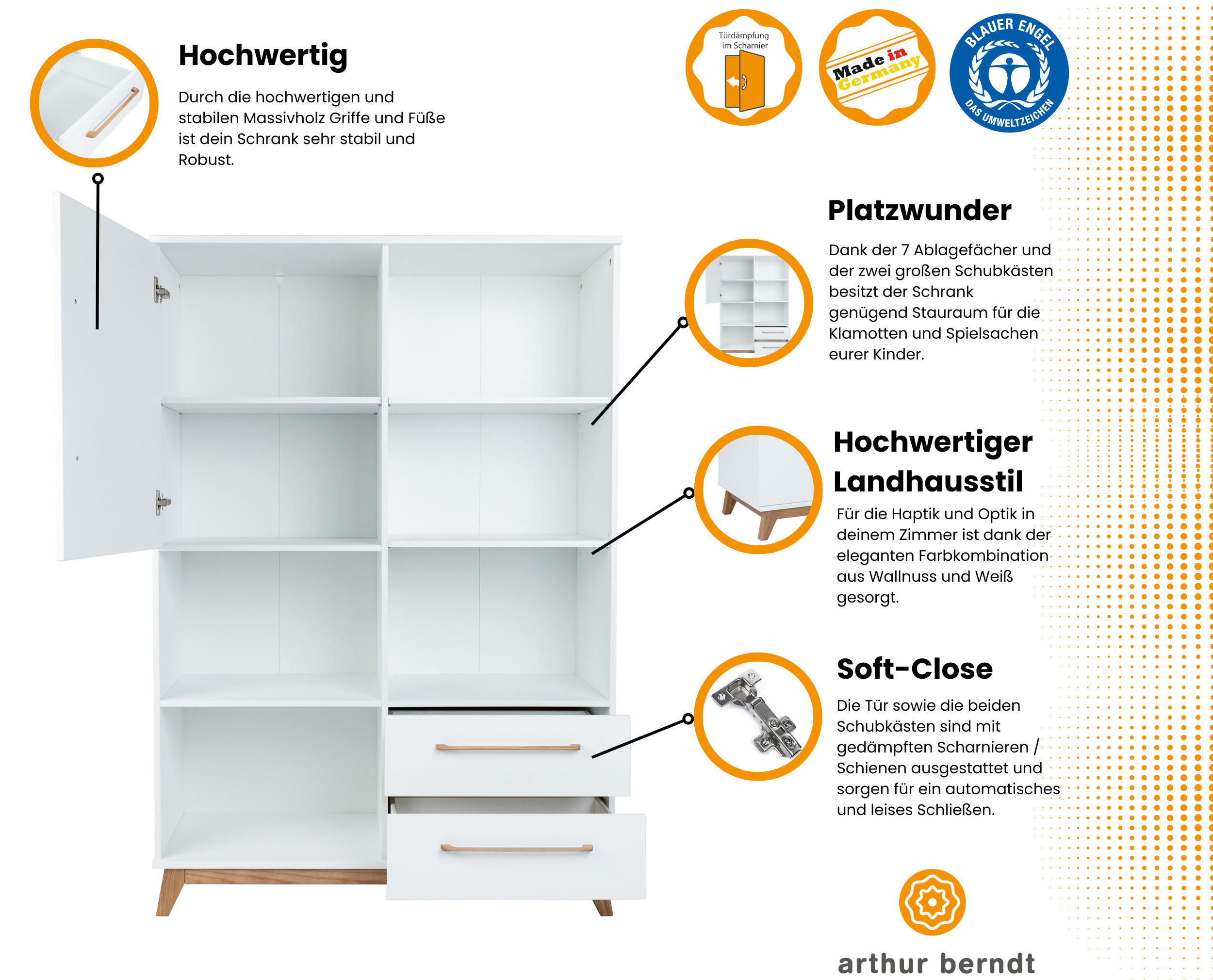 STANDREGAL Lina Soft-Close und Türdämpfung Weiß/Walnuss - Walnussfarben/Weiß, Holz/Holzwerkstoff (114/166/51cm) - arthur berndt