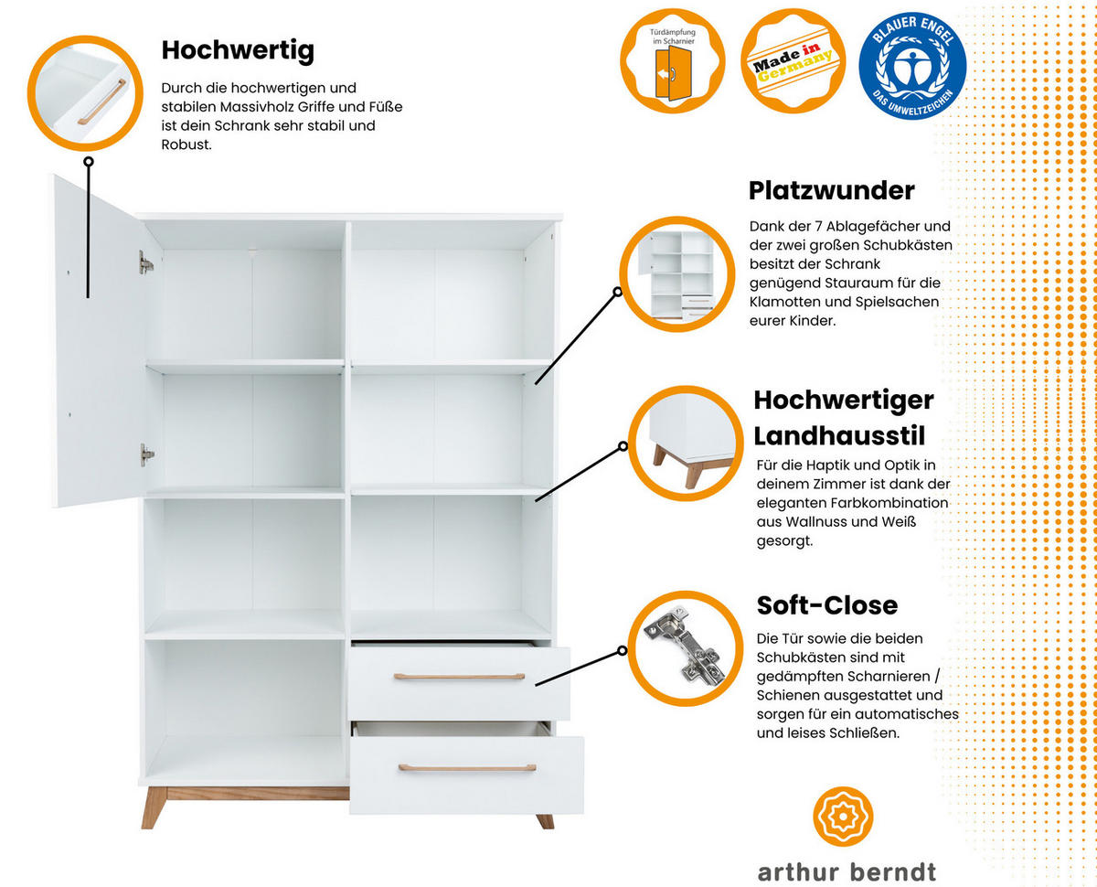 STANDREGAL Lina Soft-Close und Türdämpfung Weiß/Walnuss - Walnussfarben/Weiß, Holz/Holzwerkstoff (114/166/51cm) - arthur berndt