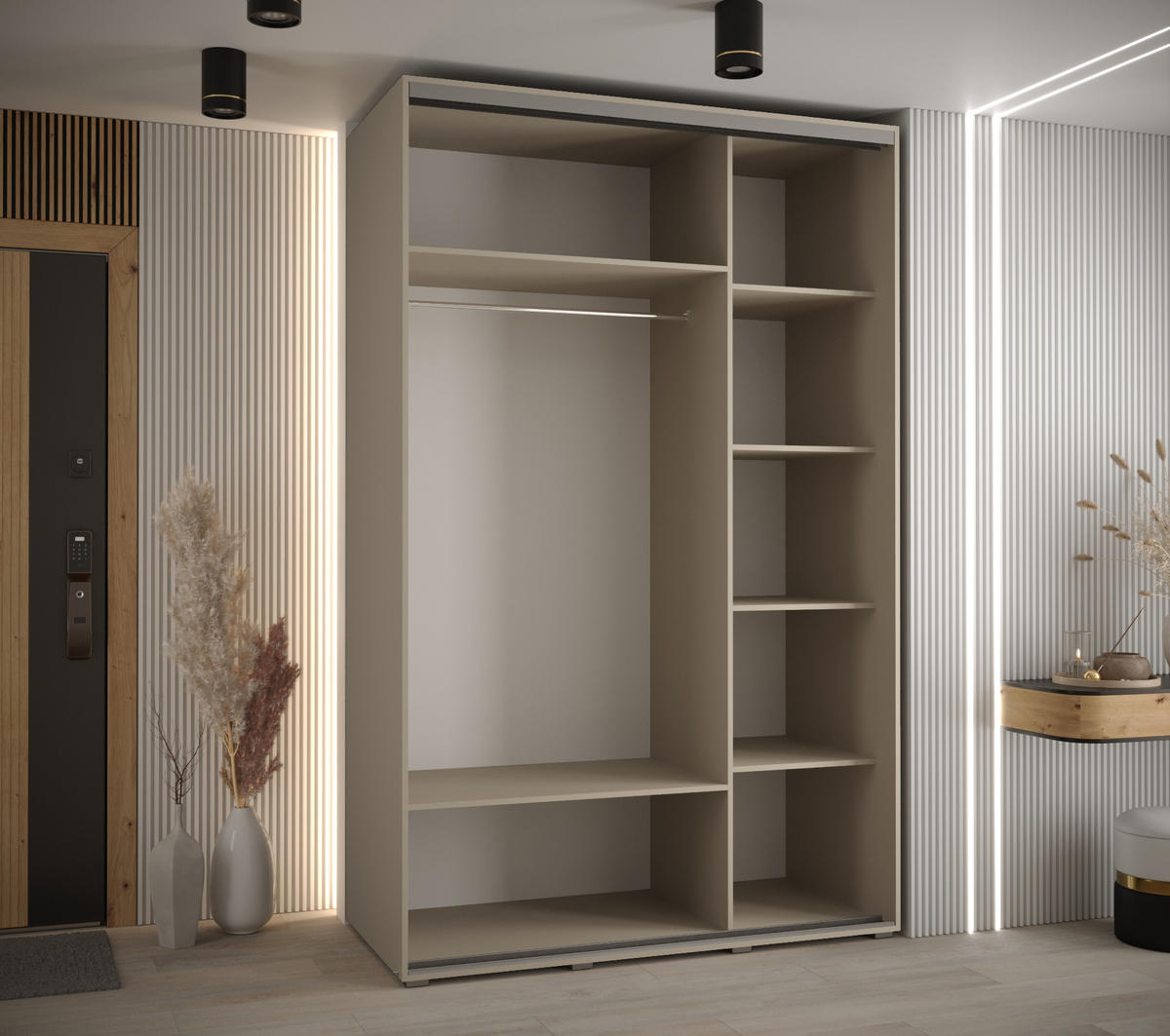 SCHWEBETÜRENSCHRANK 235,2/150/60 3-türig - Kaschmir/Schwarz, Holz/Metall (150/235.2/60cm) - MÖBEL KRYSPOL