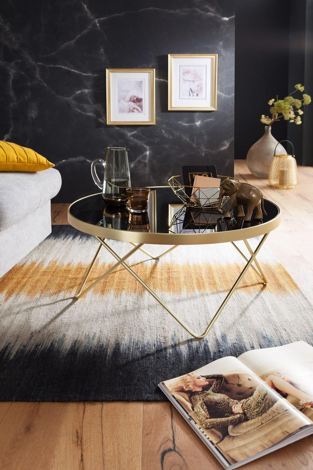 BEISTELLTISCH Schwarz Glasplatte Goldene Beine Retro-Stil 82cm Durchmesser - Goldfarben/Schwarz, Glas/Metall (82/82/39cm) - KADIMA DESIGN