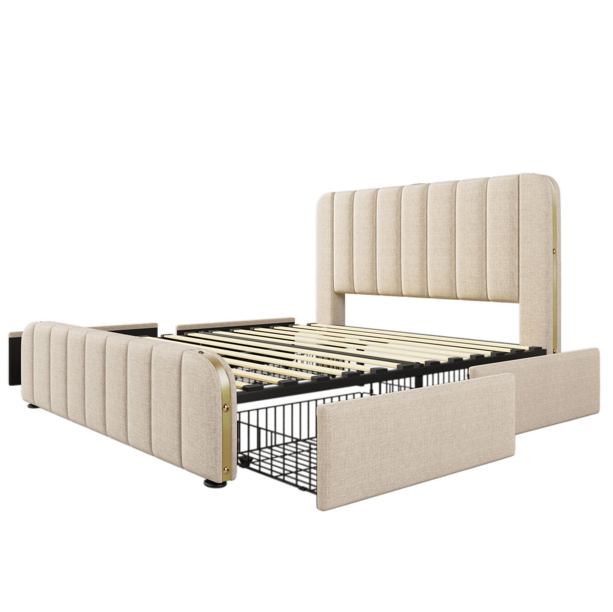 POLSTERBETT 140/200 cm mit 4 Schubladen und USB-C, gepolstertes Kopfteil Beige - Beige, Textil (140/200cm) - BEAOK