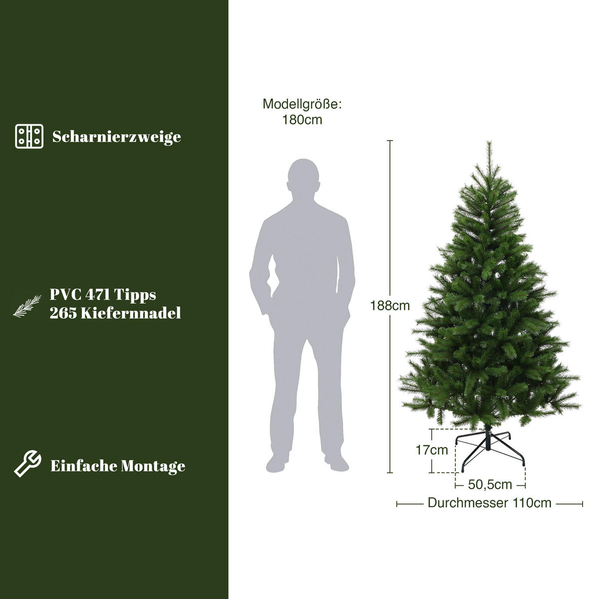 KÜNSTLICHER Weihnachtsbaum 188 cm, 736 Spitzen, Kiefern-Optik - Grün, Kunststoff (188cm) - Hometopia