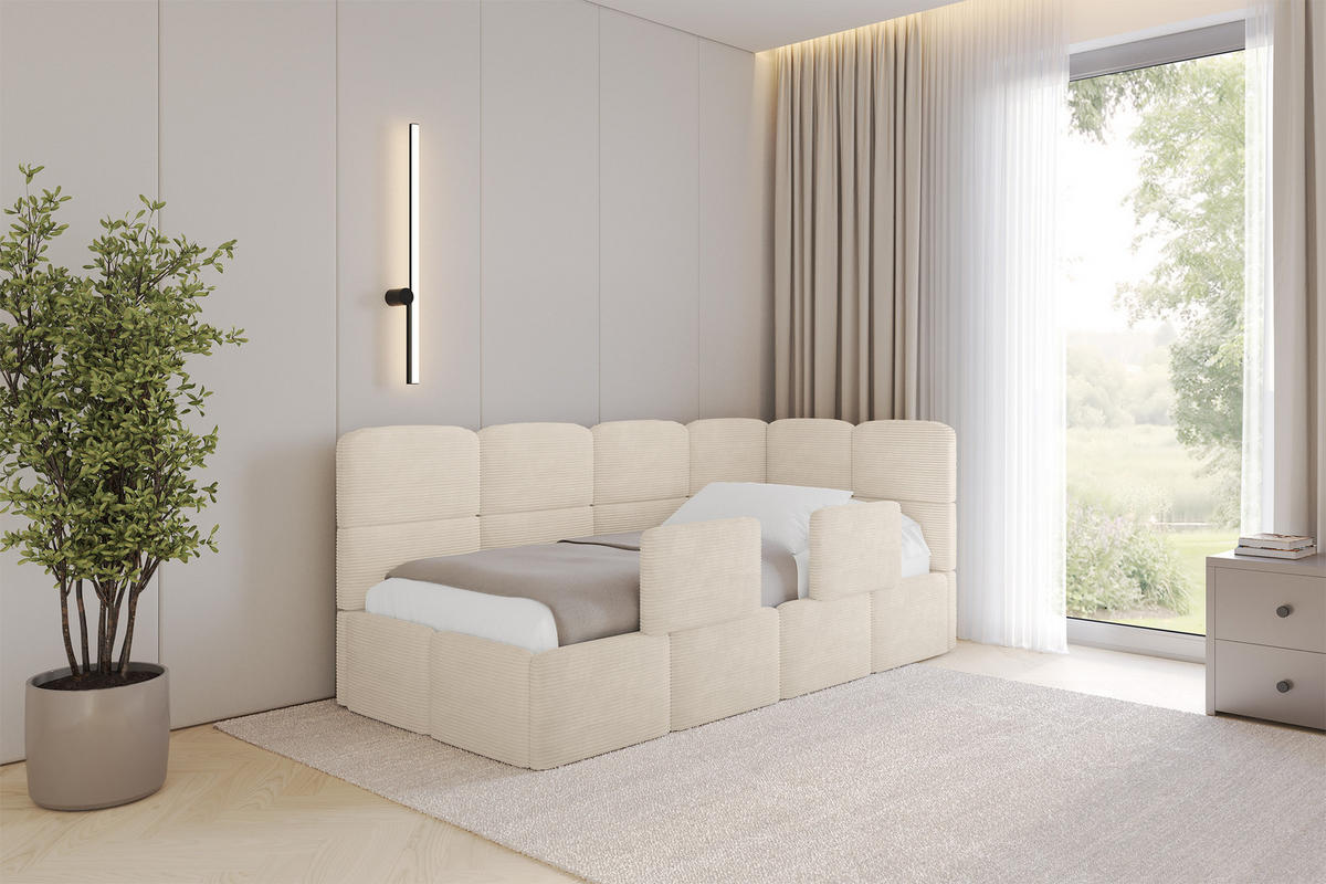 EINZELLBETT Jugendbett mit Bettkasten, Links - KIVY 80x200 Beige - Beige, Holzwerkstoff/Textil (80/200cm) - ALTDECOR