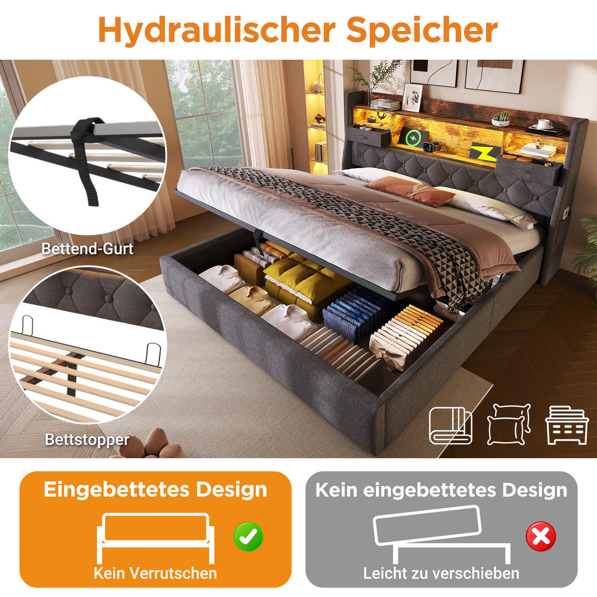 POLSTERBETT 180/200 cm mit LED, USB/Type-C und hydraulischem Bettkasten, Leinenstoff Grau - Grau, Textil (180/200cm) - Redom