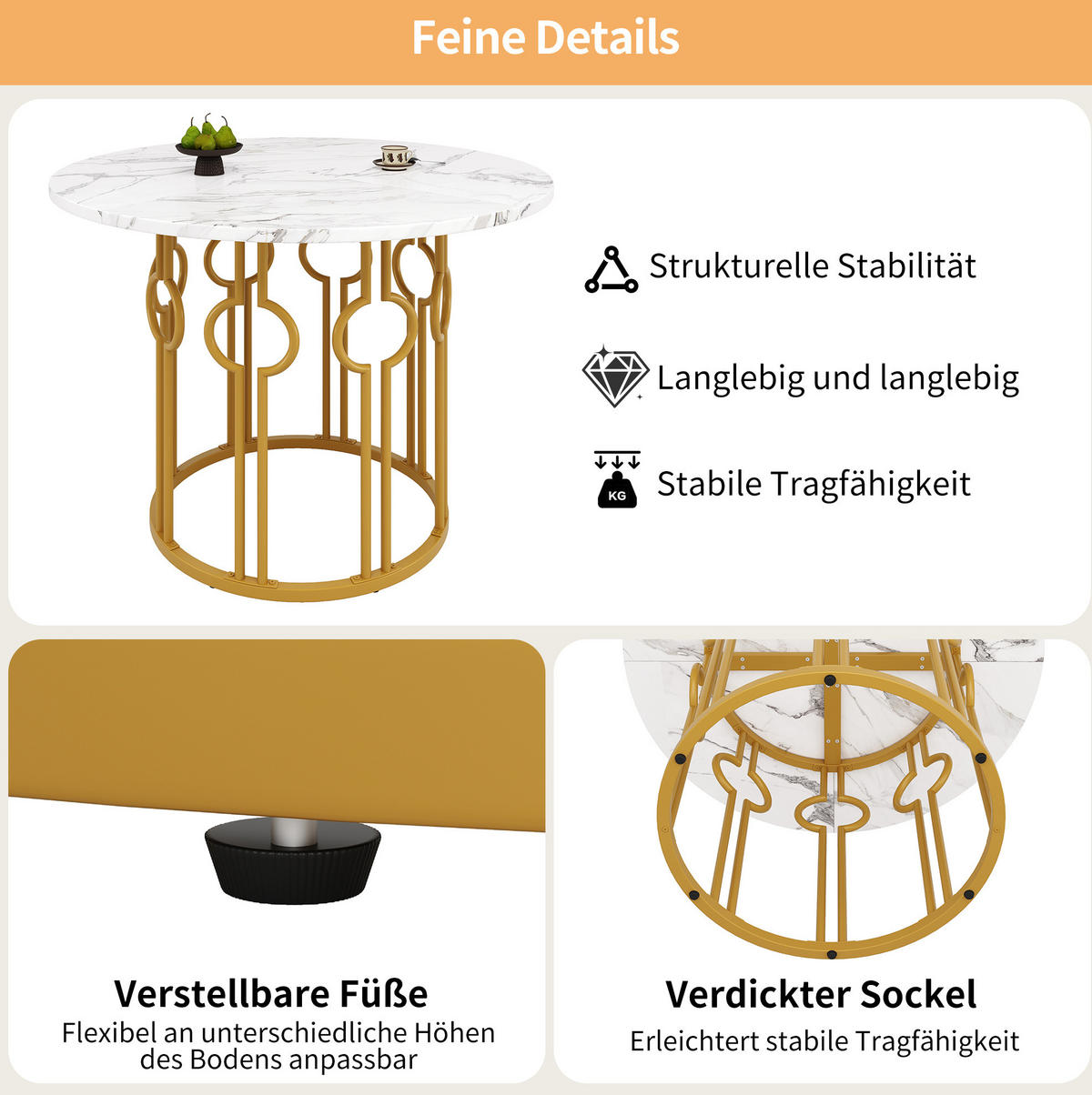 ESSTISCH 100/100/76 cm Weiß Gold runder Tisch aus MDF mit Metallbeinen - Goldfarben, Holzwerkstoff (100/100/76cm) - OKWISH
