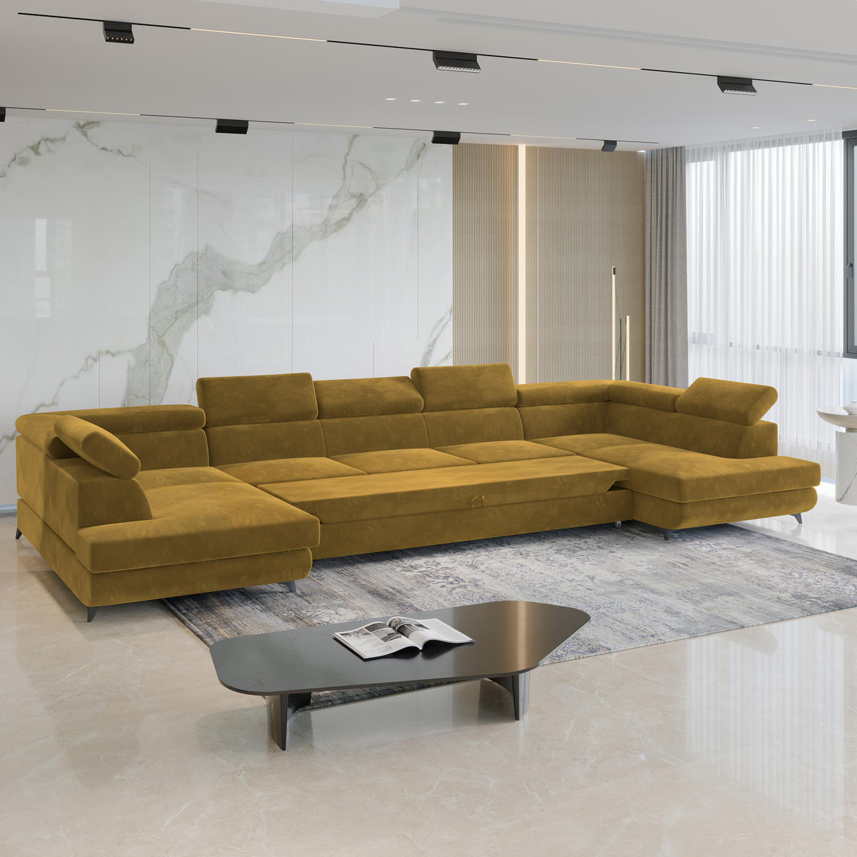 WOHNLANDSCHAFT URMANO Gelb Velours-Stoff mit Schlaffunktion - Gelb, Holz (395/89/190cm) - MASSENO