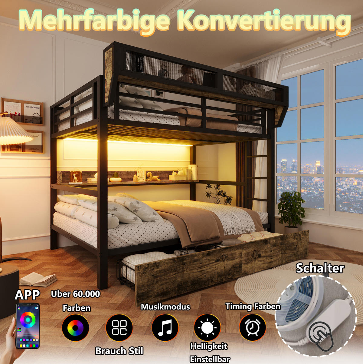 ETAGENBETT 140/200 cm aus MDF und Metall mit LED-Licht, Schwarz - Schwarz, Metall (140/200cm) - OKMYHOME