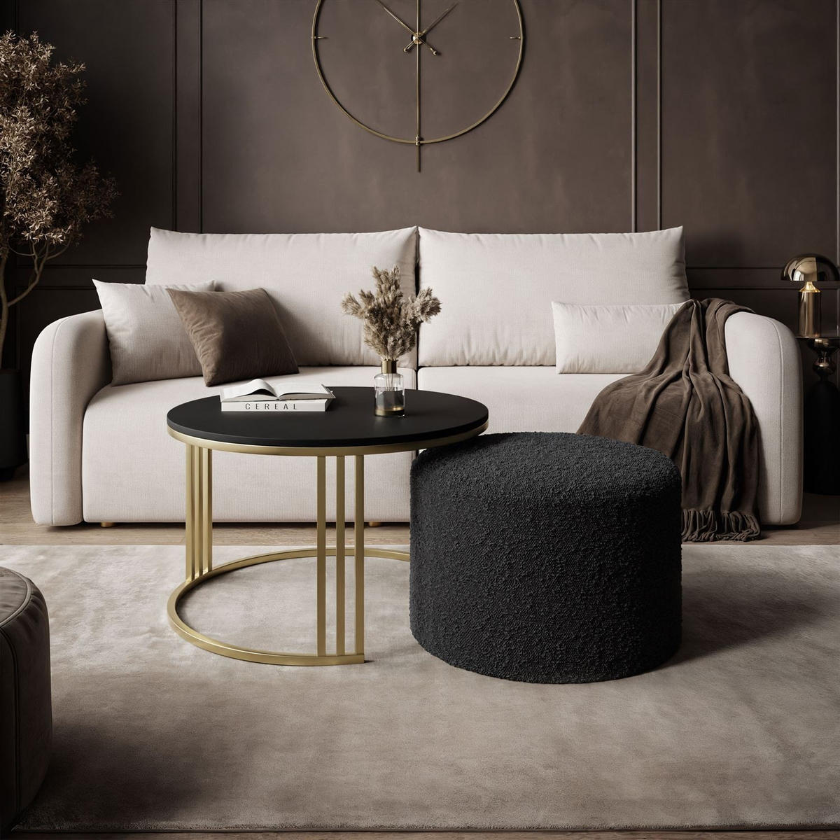 COUCHTISCH mit Hocker LORI MAT gebürstetes Gold/schwarz matt/Coral 60 - Schwarz, Metall (70/70/49cm) - Lookway