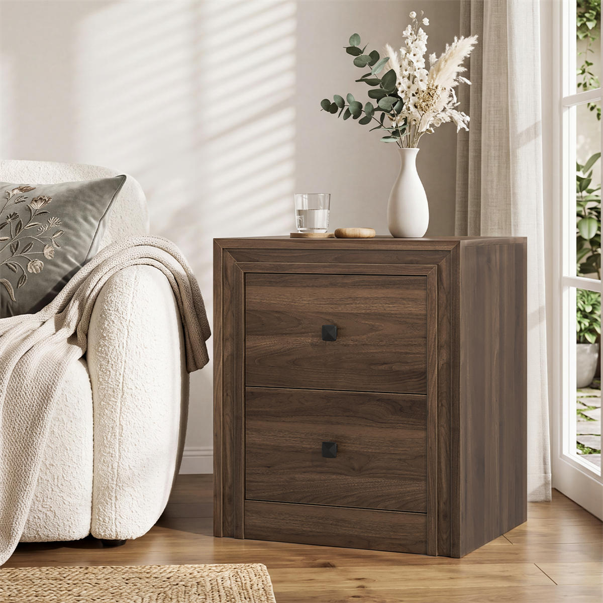 NACHTTISCH 46x39x53,5 cm mit 2 Schubladen und 2 schwarze Griffe - Mid-Century Design - Walnuss-Optik - Walnussfarben, Holzwerkstoff (38/53.5/48cm) - DELFA