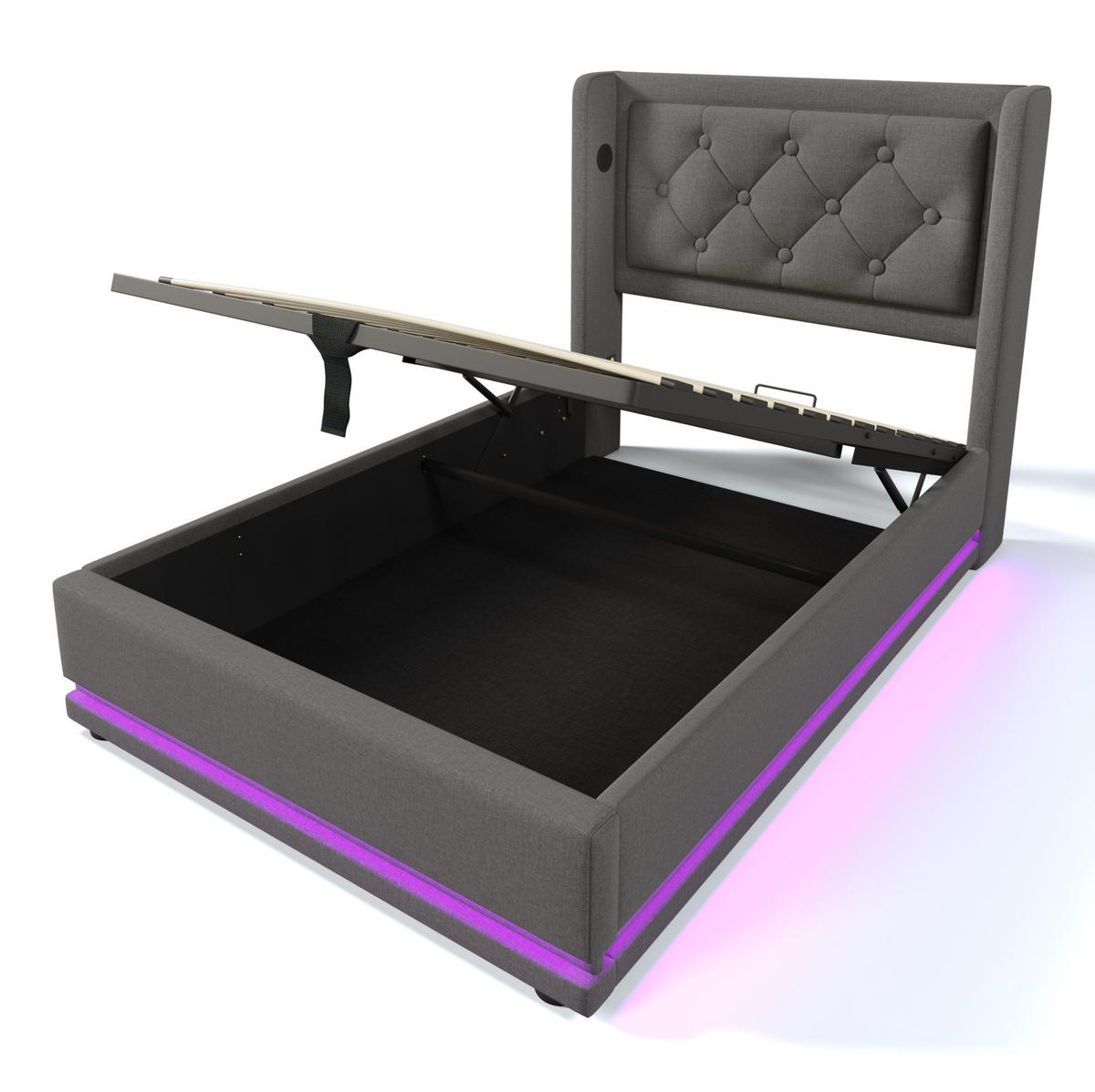 POLSTERBETT aus Baumwolle 90x200 cm in Grau mit LED & USB Typ-C - Grau, Textil (90/200cm) - Modfu