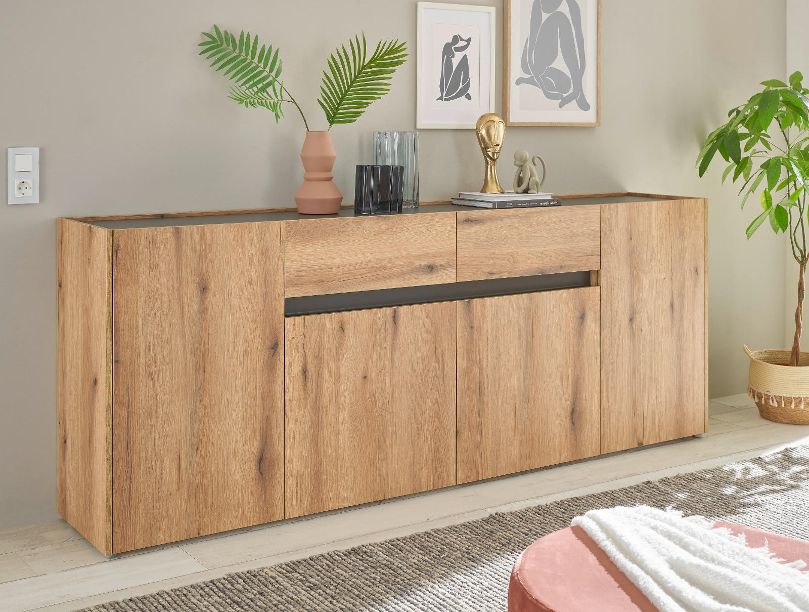 SIDEBOARD Evoke Eiche, grau, Kommode 223 x 87 cm - Eichefarben/Silberfarben, Holz/Holzwerkstoff (312/198/42cm) - Furn.Design