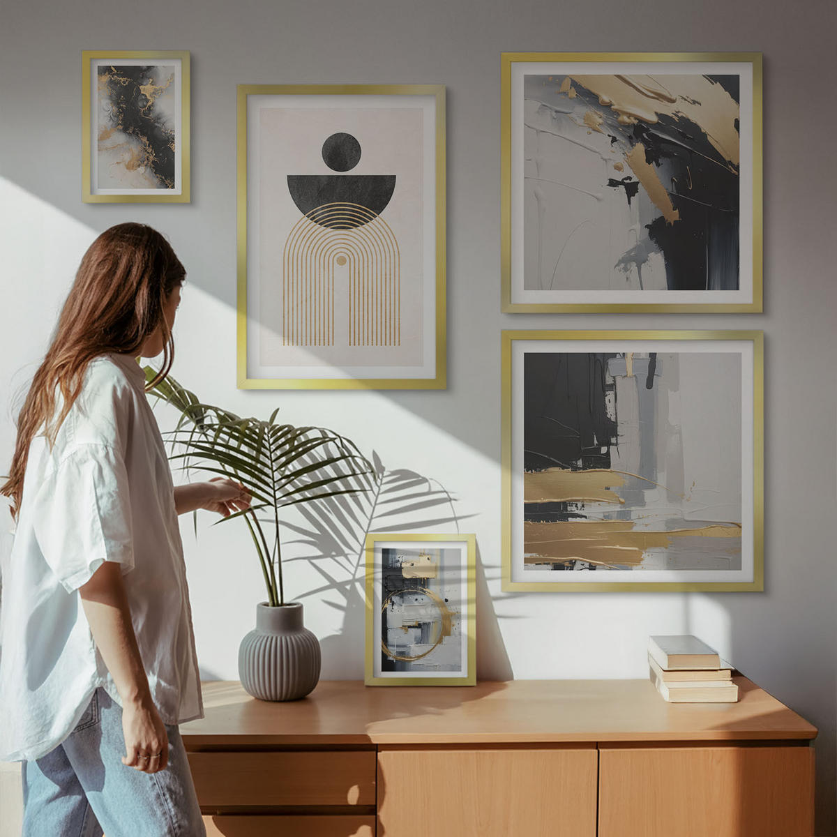 BILDER SET 5er Set - 50x50 cm & 20x30 cm & 40x60 cm Goldrahmen - Abstrakte Geometrie-Komposition - Goldfarben, Kunststoff (40/60cm) - TULUP