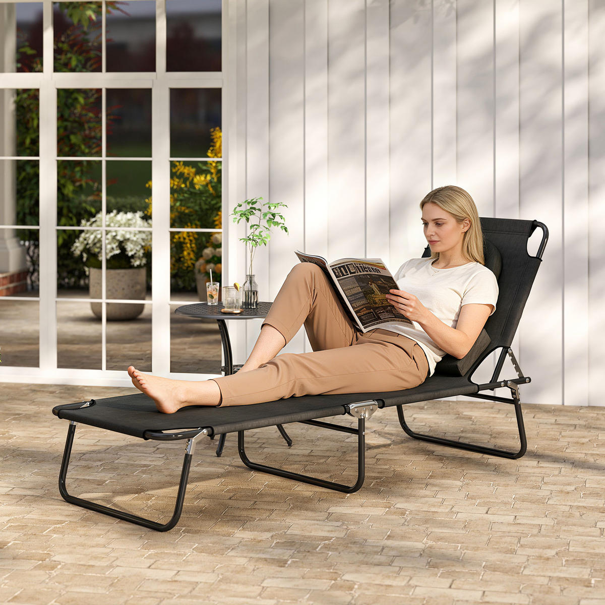 SONNENLIEGE klappbar Gartenliege mit Kopfkissen, Gesichtsloch Liegestuhl Grau - Schwarz, Textil/Metall (58/36/187cm) - Outsunny