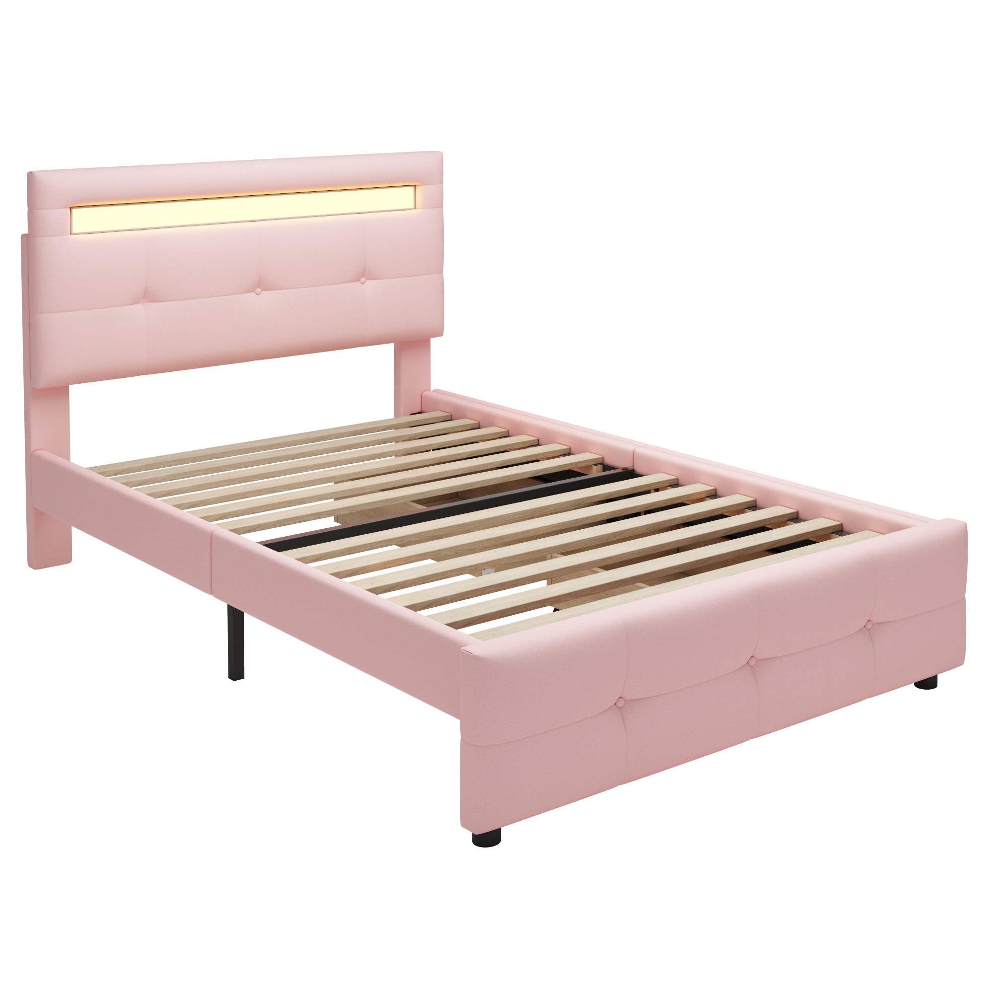 POLSTERBETT 90/200 cm in Rosa Stoff mit 2 Schubladen und LED - Rosa, Holzwerkstoff/Textil (90/200cm) - WISHDOR