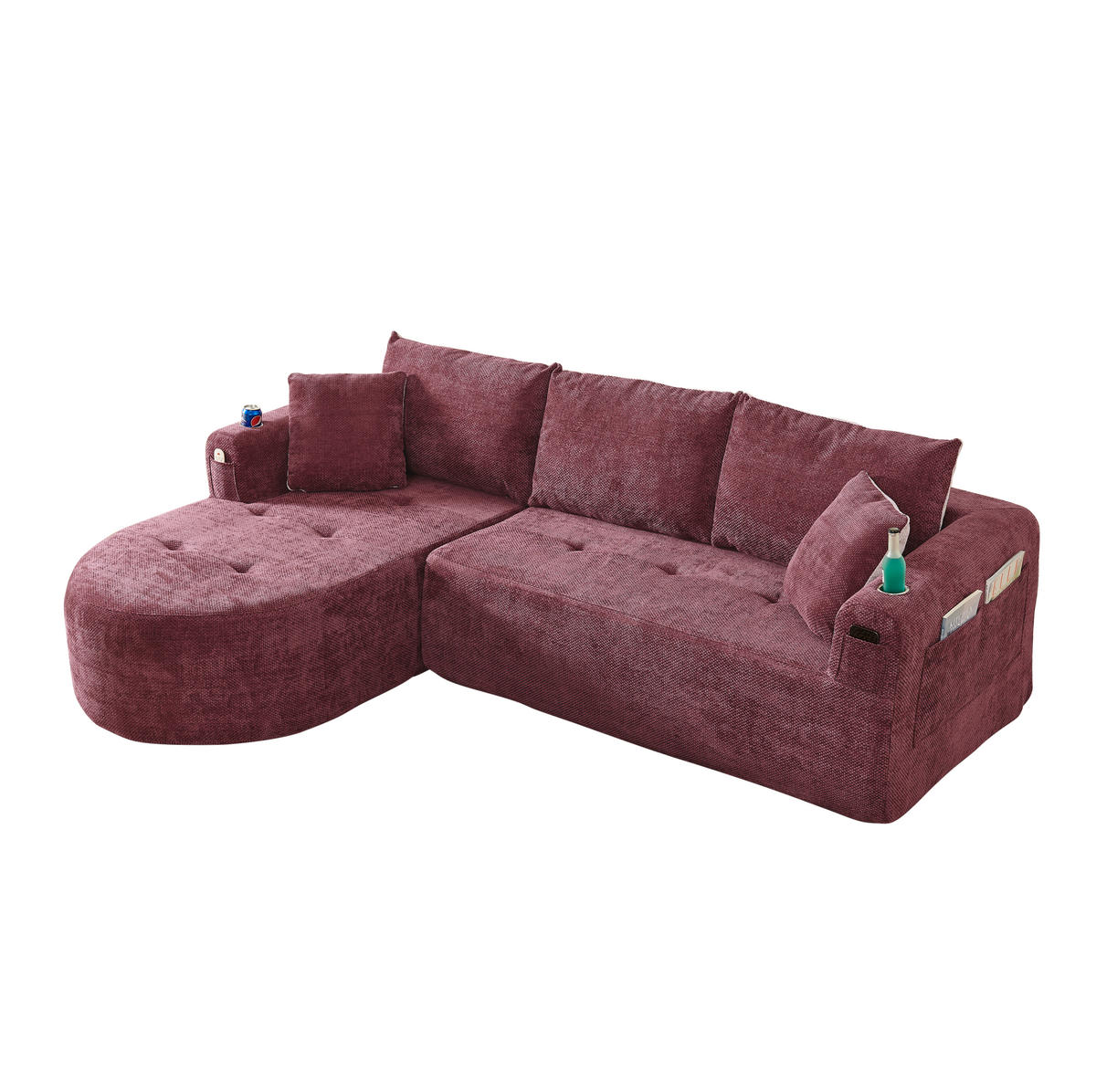 ECKSOFA in L-Form mit Edelstahl-Becherhalter, Seitentaschen und montagefreiem Design, Bordeauxrot - Bordeaux, Textil (255/170cm) - Redom