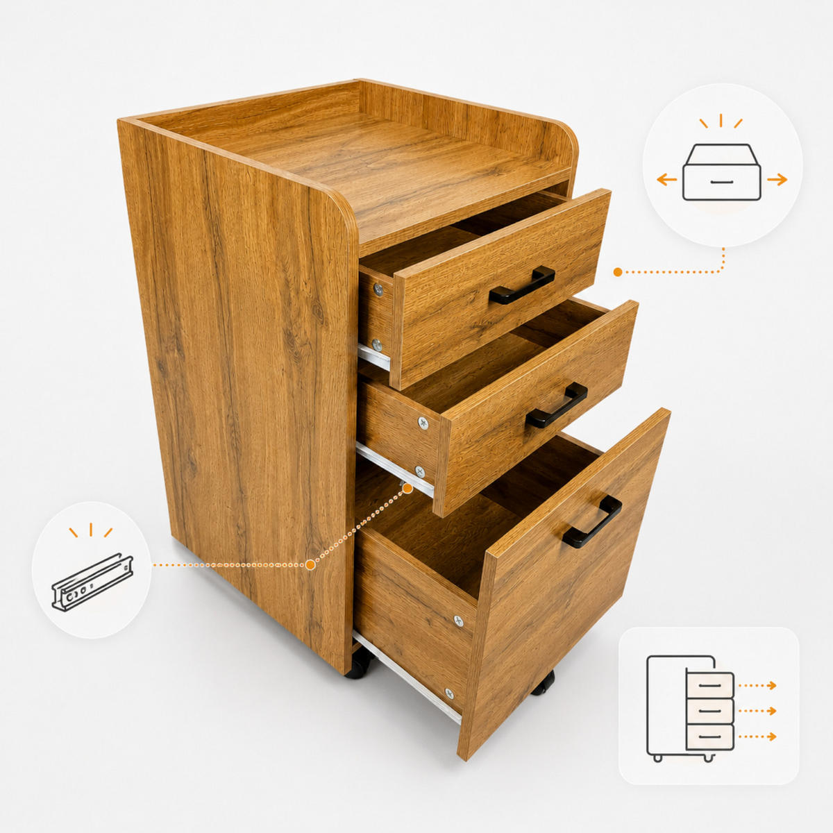 ROLLCONTAINER Holzwerkstoff Eiche Büroschrank 40 x 42 x 72 cm 3 Schubladen auf Rollen - Eichefarben/Schwarz, Holzwerkstoff (42/72/40cm) - Begryf
