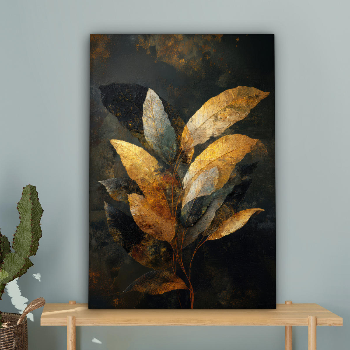 LEINWANDBILD Golden Leaf Komposition - Botanical Luxury Wanddeko Schlafzimmer 60x90 cm - Goldfarben/Schwarz, Textil (60/90cm) - MuchoWow