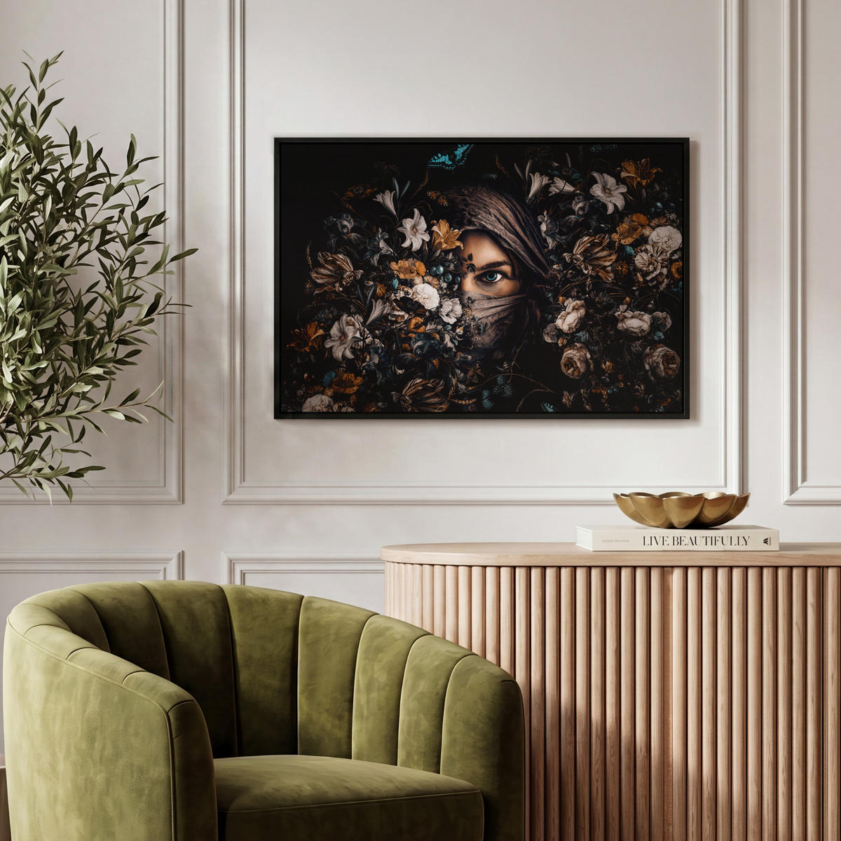 LEINWAND Bilder mit Rahmen - Frau - Luxus - Blumen - Schmetterling - Porträt - 60x40 - Schwarz, Textil (60/40cm) - MuchoWow