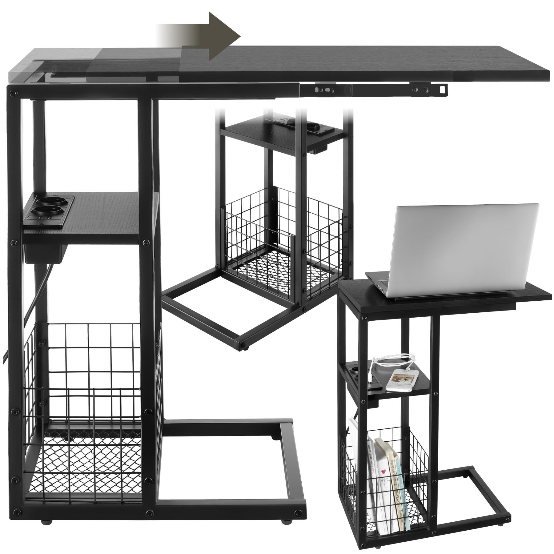 LAPTOP-BEISTELLTISCH Rhea,50 - 73 x 30 x 61,5 cm,schwarz - Schwarz, Metall (73/30/62.5cm) - tectake