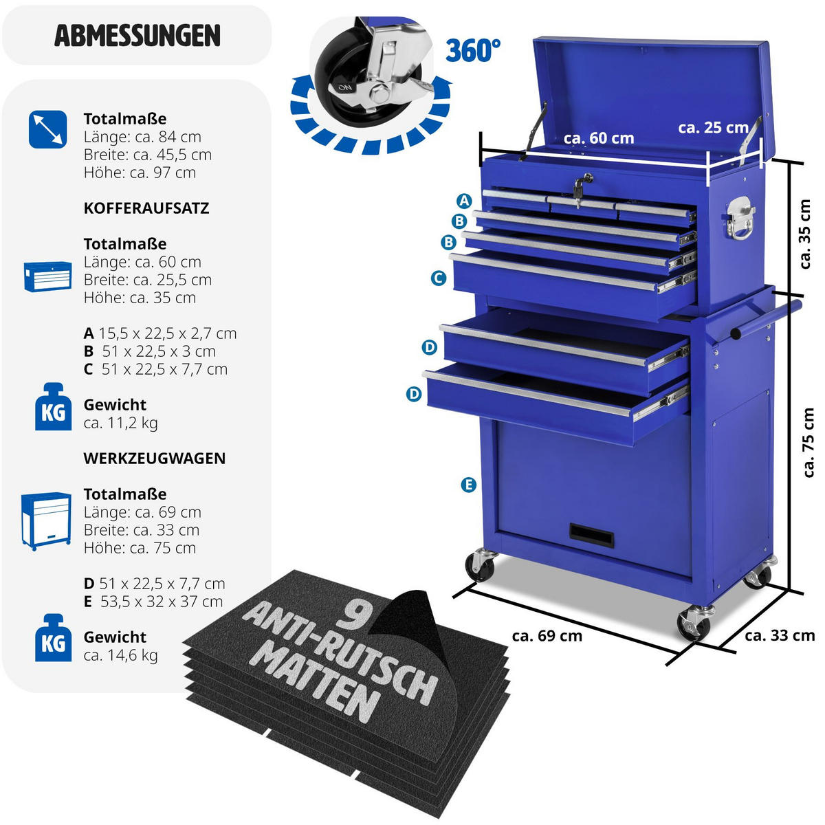WERKZEUGWAGEN ,Rollen Ø 100 mm,blau - Blau, Metall (33/110/69cm) - tectake